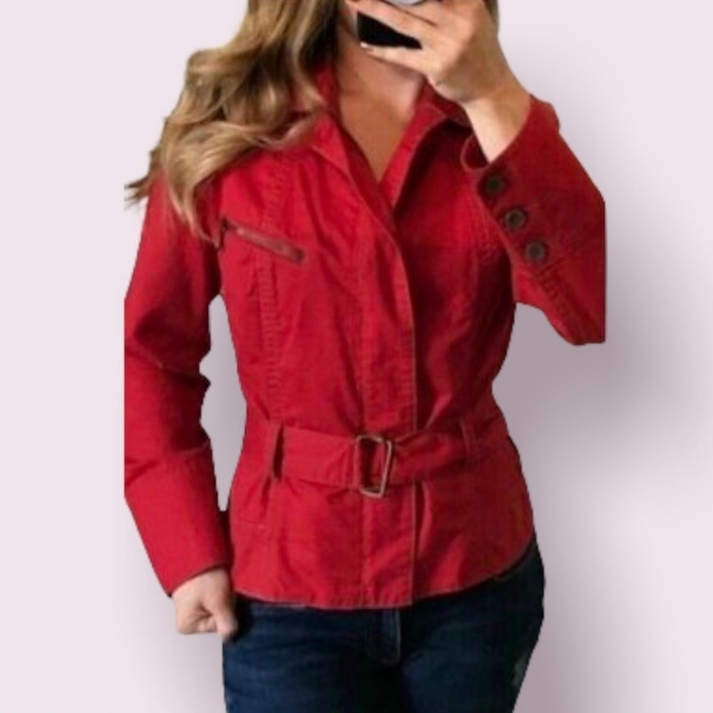 Cabi Womens Jacket Red Belted Pockets Long Sleeves Full Zip Up Cotton SZ Small